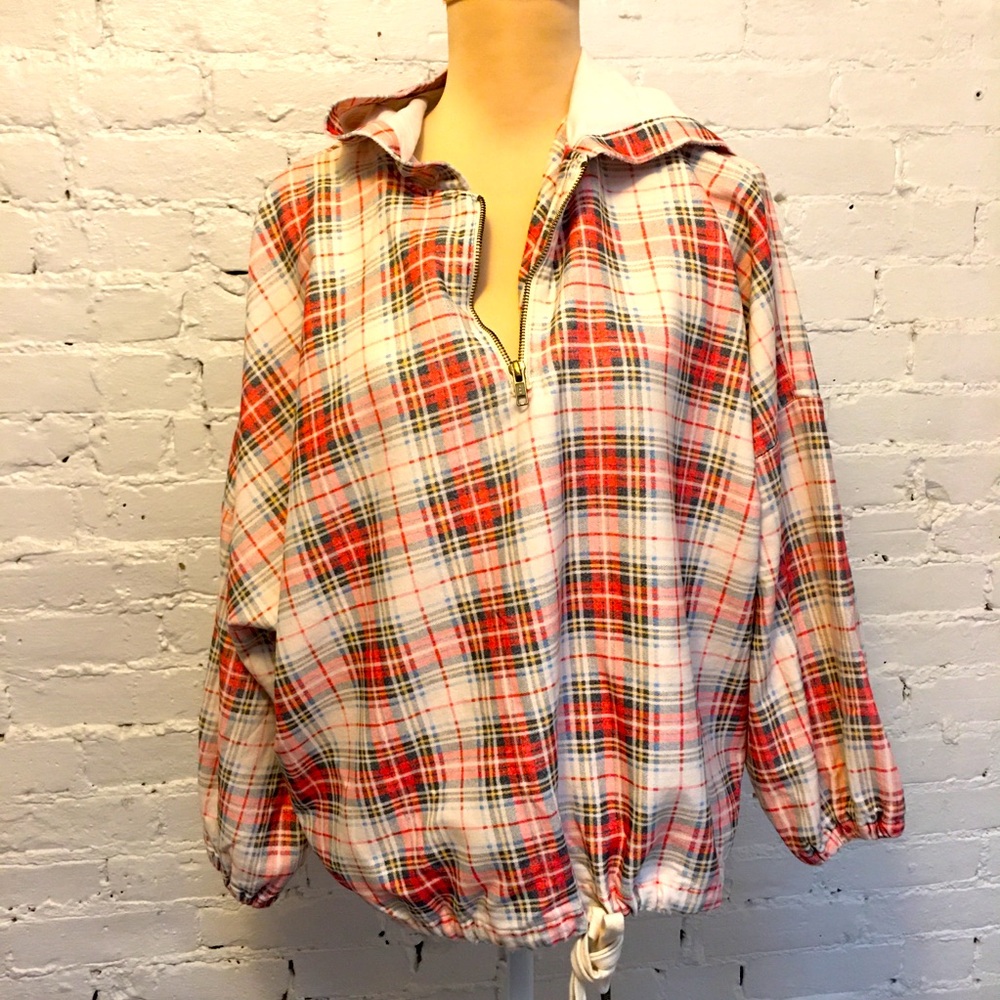 The Great. flannel pullover hoodie red plaid side 1 or small relaxed